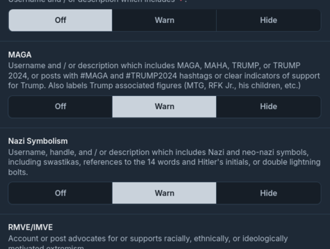 Menu showing content filtering settings