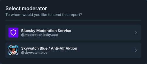 Menu showing the choice of moderators to send to